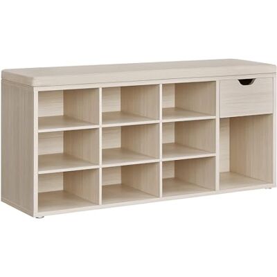 VASAGLE Custos Kollektion Schuhbank, Schuhregal mit Schublade und offenen Fächern, Sitzbank, gepolsterter Sitz, Flur Schlafzimmer, 30 x 104 x 48 cm, naturbeige-cappuccinobeige LHS024K03 VASAGLE Custos Kollektion Schuhbank, Schuhregal mit Schublade und offenen Fächern, Sitzbank, gepolsterter Sitz, Flur Schlafzimmer, 30 x 104 x 48 cm, naturbeige-cappuccinobeige LHS024K03