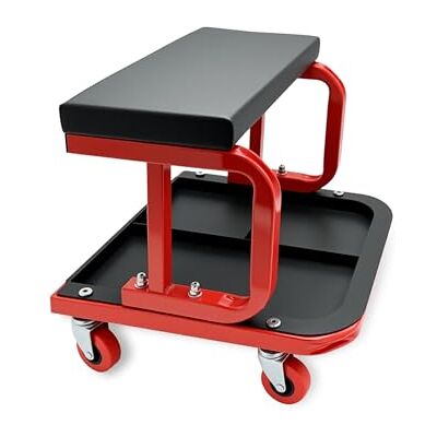 Relaxdays Werkstatthocker mit Ablage, bis 100 kg, gepolsterter Sitz, 4 Rollen, Montagehocker, schwarz-rot Relaxdays Werkstatthocker mit Ablage, bis 100 kg, gepolsterter Sitz, 4 Rollen, Montagehocker, schwarz-rot