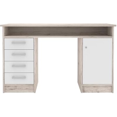 Forte NET 106 Schreibtisch 120 130, moderner Schreibtisch mit 4 Schubladen und 1 Tür, Computertisch, Home Office, Büro, Holzwerkstoff, Sandeiche Dekor/Weiß, 126 cm breit x 75,8 cm hoch x 55 cm tief Forte NET 106 Schreibtisch 120 130, moderner Schreibtisch mit 4 Schubladen und 1 Tür, Computertisch, Home Office, Büro, Holzwerkstoff, Sandeiche Dekor/Weiß, 126 cm breit x 75,8 cm hoch x 55 cm tief