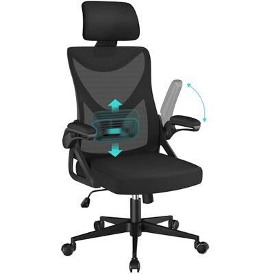 Yaheetech Bürostuhl Ergonomisch, Schreibtischstuhl mit Hochklappbaren Armlehnen, Drehstuhl mit Rückenlehne und Verstellbarer Kopfstütze, Chefsessel Wippfunktion, bis 150 kg Belastbar Schwarz Yaheetech Bürostuhl Ergonomisch, Schreibtischstuhl mit Hochklappbaren Armlehnen, Drehstuhl mit Rückenlehne und Verstellbarer Kopfstütze, Chefsessel Wippfunktion, bis 150 kg Belastbar Schwarz
