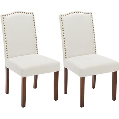 Sweetcrispy Esszimmerstuhl (2er Set), Hochwertige gepolsterte Leder-Esszimmerstühle mit Nagelkopfverzierung und Holzbeinen, Esszimmerstühle für Schlafzimmer, Wohnzimmer, Esszimmer, Beige White Sweetcrispy Esszimmerstuhl (2er Set), Hochwertige gepolsterte Leder-Esszimmerstühle mit Nagelkopfverzierung und Holzbeinen, Esszimmerstühle für Schlafzimmer, Wohnzimmer, Esszimmer, Beige White
