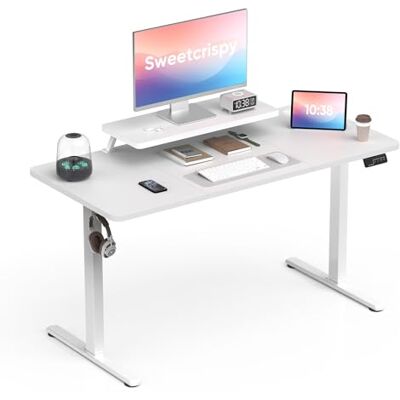 Sweetcrispy Höhenverstellbarer Schreibtisch mit Monitorständer, 140 x 60 cm Schreibtisch Höhenverstellbar Elektrisch, Ergonomischer Steh-Sitz Tisch, Computertisch Standing Desk, Weiß Sweetcrispy Höhenverstellbarer Schreibtisch mit Monitorständer, 140 x 60 cm Schreibtisch Höhenverstellbar Elektrisch, Ergonomischer Steh-Sitz Tisch, Computertisch Standing Desk, Weiß