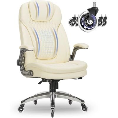 COLAMY Chefsessel aus Atmungsaktivem Leder – Ergonomischer Bürostuhl mit Taschenfederkern-Sitzkissen, Flip-up-Armlehnen& Leisen Rollen für Homeoffice und Büro, Elfenbein COLAMY Chefsessel aus Atmungsaktivem Leder – Ergonomischer Bürostuhl mit Taschenfederkern-Sitzkissen, Flip-up-Armlehnen& Leisen Rollen für Homeoffice und Büro, Elfenbein