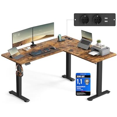 VASAGLE Höhenverstellbarer Schreibtisch elektrisch, L-förmiger Eckschreibtisch, 140 x 160 cm, mit Ladestation, Memory-Funktion mit 2 Höhen, für Homeoffice, vintagebraun-tintenschwarz LSD264K01 VASAGLE Höhenverstellbarer Schreibtisch elektrisch, L-förmiger Eckschreibtisch, 140 x 160 cm, mit Ladestation, Memory-Funktion mit 2 Höhen, für Homeoffice, vintagebraun-tintenschwarz LSD264K01