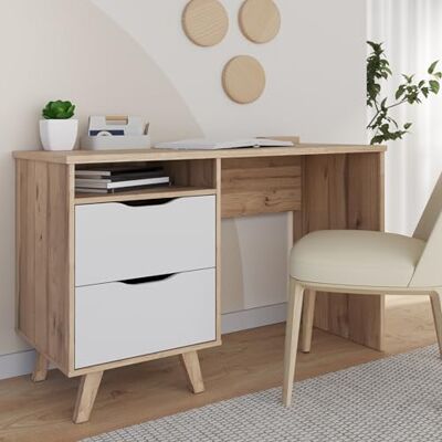 Forte VANKKA Schreibtisch 120, Skandi Schreibtisch mit 2 Schubladen, offenen Fach und filigranen Möbelbeinen, Holzwerkstoff, Planked Eiche Holzdekor, 119,7 cm breit x 75 cm hoch x 52,7 cm tief Forte VANKKA Schreibtisch 120, Skandi Schreibtisch mit 2 Schubladen, offenen Fach und filigranen Möbelbeinen, Holzwerkstoff, Planked Eiche Holzdekor, 119,7 cm breit x 75 cm hoch x 52,7 cm tief