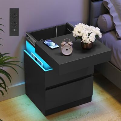 VASAGLE Kailyn Kollektion Nachttisch, 2er Set, Beistelltisch mit Steckdosen, Schiebedeckel, 2 Schubladen, LED-Beleuchtung, Kleiner Tisch, modern, 35 x 40 x 55 cm, tintenschwarz LET840BC01 VASAGLE Kailyn Kollektion Nachttisch, 2er Set, Beistelltisch mit Steckdosen, Schiebedeckel, 2 Schubladen, LED-Beleuchtung, Kleiner Tisch, modern, 35 x 40 x 55 cm, tintenschwarz LET840BC01