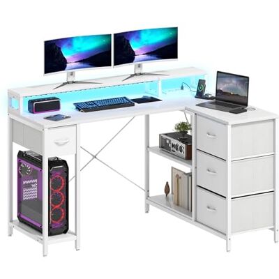 DWVO Schreibtisch L Form, 140x100x85cm Eckschreibtisch Reversibel mit 4 Schubladen&Monitorablage, Tisch L Form mit 2 USB-Ladeanschluss&2 Steckdose für Homeoffice, Braun Schwarz Weiß (Weiß) DWVO Schreibtisch L Form, 140x100x85cm Eckschreibtisch Reversibel mit 4 Schubladen&Monitorablage, Tisch L Form mit 2 USB-Ladeanschluss&2 Steckdose für Homeoffice, Braun Schwarz Weiß (Weiß)