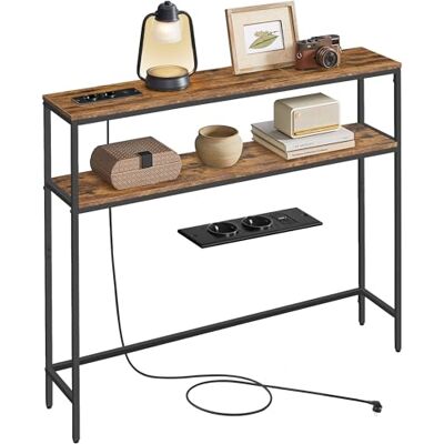 VASAGLE Konsolentisch, schmaler Sofatisch mit 2 Ablagen, 20 x 100 x 80 cm, Flurtisch mit Ladestation, für Wohnzimmer, Flur, Eingangsbereich, vintagebraun-tintenschwarz LNT136KD01 VASAGLE Konsolentisch, schmaler Sofatisch mit 2 Ablagen, 20 x 100 x 80 cm, Flurtisch mit Ladestation, für Wohnzimmer, Flur, Eingangsbereich, vintagebraun-tintenschwarz LNT136KD01