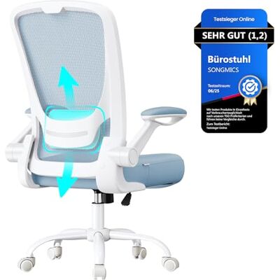SONGMICS Bürostuhl ergonomisch, Drehstuhl mit Mesh, Lendenstütze, Wippfunktion, 53 cm große Sitzfläche, klappbare Armlehnen, Arbeits- und Schlafzimmer, Studenten, nebelblau OBN037Q01 SONGMICS Bürostuhl ergonomisch, Drehstuhl mit Mesh, Lendenstütze, Wippfunktion, 53 cm große Sitzfläche, klappbare Armlehnen, Arbeits- und Schlafzimmer, Studenten, nebelblau OBN037Q01