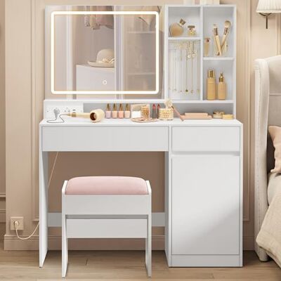 VASAGLE Schminktisch mit Schminkhocker, 110 cm breiter Frisiertisch mit Spiegel, Beleuchtung udn Steckdosenleiste, Sitzhocker gepolstert, wolkenweiß und mattweiß-pastellrosa RDT734W01 VASAGLE Schminktisch mit Schminkhocker, 110 cm breiter Frisiertisch mit Spiegel, Beleuchtung udn Steckdosenleiste, Sitzhocker gepolstert, wolkenweiß und mattweiß-pastellrosa RDT734W01