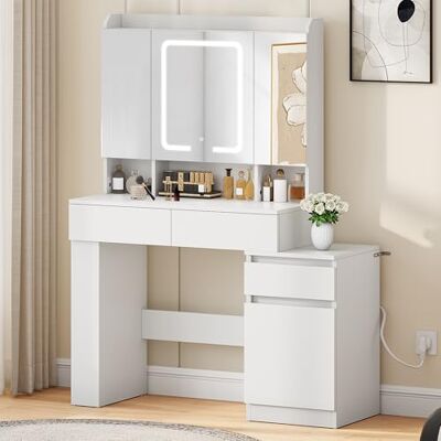 YITAHOME Schminktisch mit Spiegel und Schubladen und verstellbaren Fächern, moderner Frisiertisch für Schlafzimmer und Make-up, Haartrocknerhalter Weiß YITAHOME Schminktisch mit Spiegel und Schubladen und verstellbaren Fächern, moderner Frisiertisch für Schlafzimmer und Make-up, Haartrocknerhalter Weiß