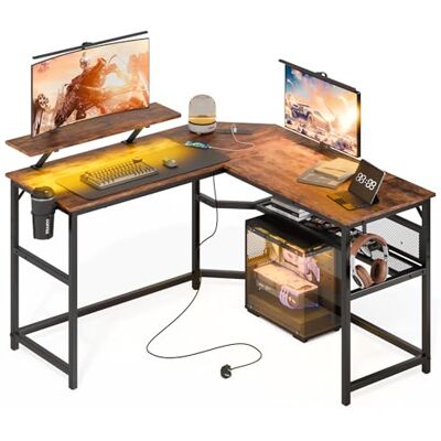 Mondeer L-förmiger Schreibtisch mit LED, 130 x 130 cm Gaming Tisch mit 2 Steckdosen und 2 USB Ladeanschluss, Eckschreibtisch mit Netzablage & Haken, für Home Office und Schlafzimmer, Vintage Braun Mondeer L-förmiger Schreibtisch mit LED, 130 x 130 cm Gaming Tisch mit 2 Steckdosen und 2 USB Ladeanschluss, Eckschreibtisch mit Netzablage & Haken, für Home Office und Schlafzimmer, Vintage Braun