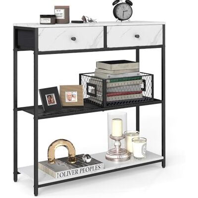 VASAGLE Konsolentisch schmal, Beistelltisch mit 2 Stoffschubladen, Flurtisch, 24 x 76 x 80 cm, für Flur, Wohnzimmer, marmorweiß-tintenschwarz LNT092W01 VASAGLE Konsolentisch schmal, Beistelltisch mit 2 Stoffschubladen, Flurtisch, 24 x 76 x 80 cm, für Flur, Wohnzimmer, marmorweiß-tintenschwarz LNT092W01