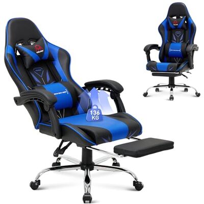 COLAMY Gaming Stuhl, Computer Stuhl mit Fußstütze und Lendenwirbelstütze, höhenverstellbarer Gaming Chair mit 360°-Drehsitz und Kopfstütze, Video Gamer PC Stuhl, Ergonomische hohe Rückenlehne, Blau COLAMY Gaming Stuhl, Computer Stuhl mit Fußstütze und Lendenwirbelstütze, höhenverstellbarer Gaming Chair mit 360°-Drehsitz und Kopfstütze, Video Gamer PC Stuhl, Ergonomische hohe Rückenlehne, Blau