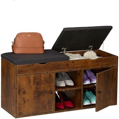 Relaxdays Schuhbank, HBT: 49,5 x 100 x 34 cm, Stauraum, gepolsterter Klappdeckel, Schuhregal mit Sitzbank, braun/schwarz Relaxdays Schuhbank, HBT: 49,5 x 100 x 34 cm, Stauraum, gepolsterter Klappdeckel, Schuhregal mit Sitzbank, braun/schwarz