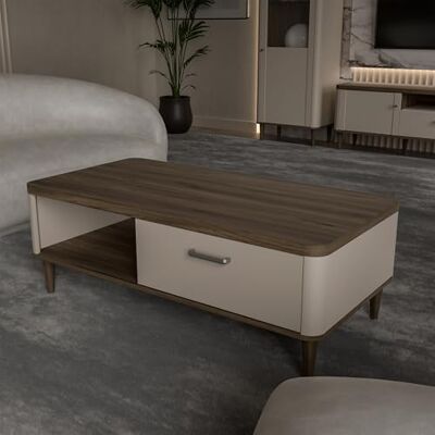 Forte LACETTI Couchtisch 120, moderner Sofatisch mit Skandi Lamellen Design, 1 Schublade, Kaschmir Beige mit Valencia Eiche Holzdekor, 120 cm breit x 43,7 cm hoch x 60 cm tief Forte LACETTI Couchtisch 120, moderner Sofatisch mit Skandi Lamellen Design, 1 Schublade, Kaschmir Beige mit Valencia Eiche Holzdekor, 120 cm breit x 43,7 cm hoch x 60 cm tief
