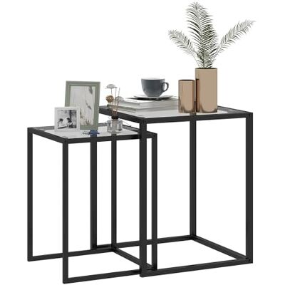 HOMCOM 2er Set Beistelltisch stapelbarer Nachttisch Couchtisch mit Beinen aus Stahl, modern Wohnzimmertisch mit Tischplatte aus verstärktem Glas Kaffeetisch für Wohnzimmer Schlafzimmer Schwarz HOMCOM 2er Set Beistelltisch stapelbarer Nachttisch Couchtisch mit Beinen aus Stahl, modern Wohnzimmertisch mit Tischplatte aus verstärktem Glas Kaffeetisch für Wohnzimmer Schlafzimmer Schwarz