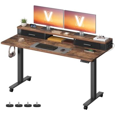 VASAGLE Höhenverstellbarer Schreibtisch elektrisch, 140 x 60 x (72-120) cm, stufenlos verstellbar, mit Monitorständer, Steckdosenleiste, Haken, Memory-Funktion, vintagebraun LSD184KD02 VASAGLE Höhenverstellbarer Schreibtisch elektrisch, 140 x 60 x (72-120) cm, stufenlos verstellbar, mit Monitorständer, Steckdosenleiste, Haken, Memory-Funktion, vintagebraun LSD184KD02