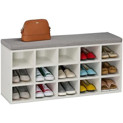 Relaxdays Schuhbank, 15 Fächern, gepolsterte Sitzfläche, HBT 48x105x30 cm, für Flur, Garderobe, Schlafzimmer, weiß/graun Relaxdays Schuhbank, 15 Fächern, gepolsterte Sitzfläche, HBT 48x105x30 cm, für Flur, Garderobe, Schlafzimmer, weiß/graun