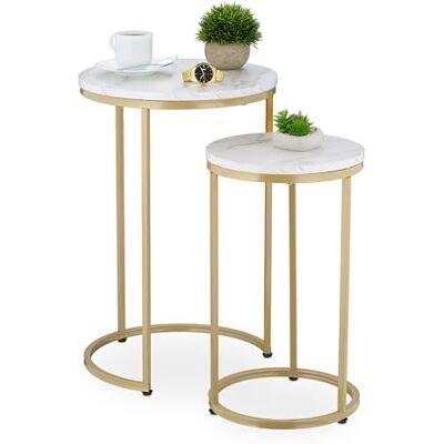 Relaxdays Satztisch, 2er Set, 2 Größen, Marmoroptik, Metall, runde Beistelltische, Wohnzimmer Couchtisch, weiß/Gold Relaxdays Satztisch, 2er Set, 2 Größen, Marmoroptik, Metall, runde Beistelltische, Wohnzimmer Couchtisch, weiß/Gold