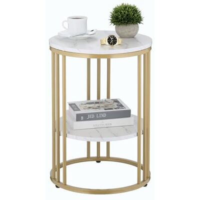 Relaxdays Beistelltisch Marmoroptik, 2 Ablagen, für Wohnzimmer, Metall & MDF, Sofatisch rund, HxD 56x40 cm, weiß/gold Relaxdays Beistelltisch Marmoroptik, 2 Ablagen, für Wohnzimmer, Metall & MDF, Sofatisch rund, HxD 56x40 cm, weiß/gold