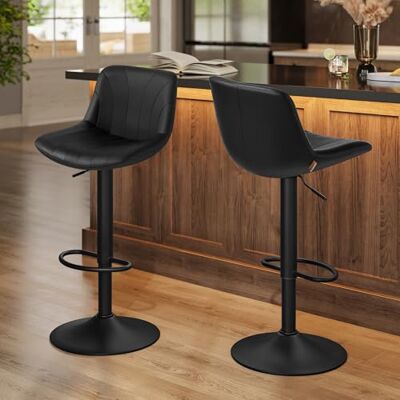 VASAGLE Barhocker 2er Set, Barstuhl mit Rückenlehne, Küchenhocker, höhenverstellbar, um 360° drehbar, Fußstütze aus Metall, für Esszimmer, Küche, PU-Bezug, tintenschwarz LJB181BH01 VASAGLE Barhocker 2er Set, Barstuhl mit Rückenlehne, Küchenhocker, höhenverstellbar, um 360° drehbar, Fußstütze aus Metall, für Esszimmer, Küche, PU-Bezug, tintenschwarz LJB181BH01