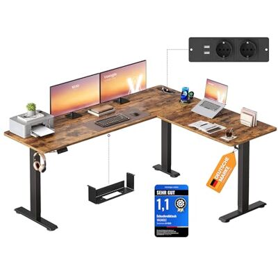 VASAGLE Höhenverstellbarer Schreibtisch, 190 x 155 cm, L-förmiger Eckschreibtisch, Stehtisch, 2 AC-Steckdosen, 2 USB-A-Anschlüsse, Ablage für Steckdosenleiste, für Büro, vintagebraun LSD295KD01 VASAGLE Höhenverstellbarer Schreibtisch, 190 x 155 cm, L-förmiger Eckschreibtisch, Stehtisch, 2 AC-Steckdosen, 2 USB-A-Anschlüsse, Ablage für Steckdosenleiste, für Büro, vintagebraun LSD295KD01