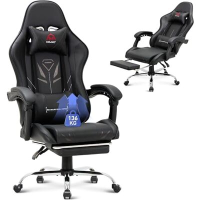 COLAMY Gaming Stuhl, Computer Stuhl mit Fußstütze und Lendenwirbelstütze, höhenverstellbarer Gaming Chair mit 360°-Drehsitz und Kopfstütze, Video Gamer PC Stuhl, Ergonomische hohe Rückenlehne, Schwarz COLAMY Gaming Stuhl, Computer Stuhl mit Fußstütze und Lendenwirbelstütze, höhenverstellbarer Gaming Chair mit 360°-Drehsitz und Kopfstütze, Video Gamer PC Stuhl, Ergonomische hohe Rückenlehne, Schwarz
