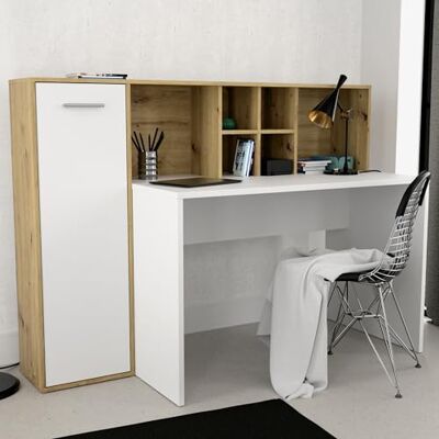 Forte ERIADU Schreibtisch 160, moderner Scheibtisch mit Stauraumfächern und Schranktür, Holzwerkstoff, Weiß mit Artisan Eiche Holzdekor, 158 cm breit x 116 cm hoch x 66 cm tief Forte ERIADU Schreibtisch 160, moderner Scheibtisch mit Stauraumfächern und Schranktür, Holzwerkstoff, Weiß mit Artisan Eiche Holzdekor, 158 cm breit x 116 cm hoch x 66 cm tief