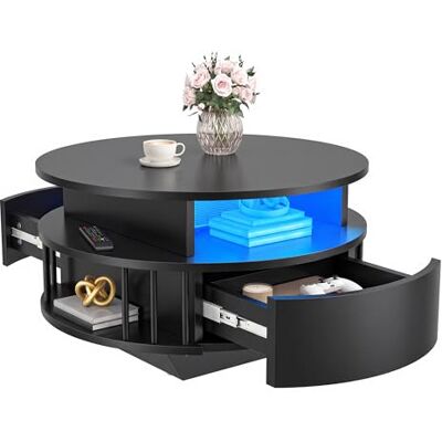 YITAHOME Moderner runder Couchtisch mit LED-Licht, 70 cm Couchtisch mit 2-stufigem Stauraum und 2 Schubladen, geriffelter Couchtisch mit Regalen, Beistelltisch für Wohnzimmer, Schwarz YITAHOME Moderner runder Couchtisch mit LED-Licht, 70 cm Couchtisch mit 2-stufigem Stauraum und 2 Schubladen, geriffelter Couchtisch mit Regalen, Beistelltisch für Wohnzimmer, Schwarz