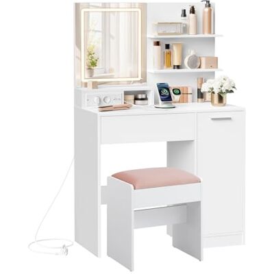 VASAGLE KAILYN Kollektion Schminktisch mit Hocker, Frisiertisch mit LED-Spiegel und Steckdosenleiste, Kosmetiktisch, Schublade und offene Ablagen, Schrank mit 2 verstellbaren Ablagen, weiß RDT738W01 VASAGLE KAILYN Kollektion Schminktisch mit Hocker, Frisiertisch mit LED-Spiegel und Steckdosenleiste, Kosmetiktisch, Schublade und offene Ablagen, Schrank mit 2 verstellbaren Ablagen, weiß RDT738W01