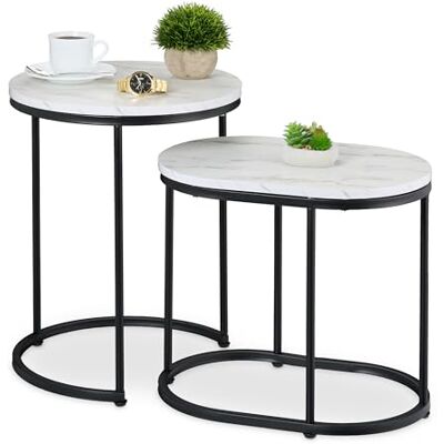Relaxdays Satztisch, 2er Set, Beistelltisch rund & oval, Marmoroptik, Metallbeine, Wohnzimmer, Couchtisch, weiß/schwarz Relaxdays Satztisch, 2er Set, Beistelltisch rund & oval, Marmoroptik, Metallbeine, Wohnzimmer, Couchtisch, weiß/schwarz