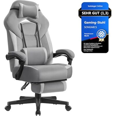 SONGMICS Gaming-Stuhl, Bürostuhl, Computerstuhl, ergonomisches Design, mit Fußstütze, verstellbares Kopfkissen, Lendenkissen, Tragkraft 150 kg, schiefergrau-Taubengrau OBG077G02 SONGMICS Gaming-Stuhl, Bürostuhl, Computerstuhl, ergonomisches Design, mit Fußstütze, verstellbares Kopfkissen, Lendenkissen, Tragkraft 150 kg, schiefergrau-Taubengrau OBG077G02