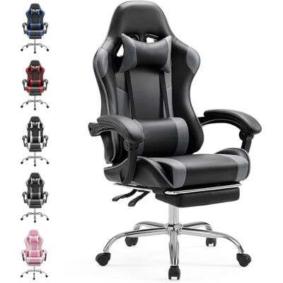 Sweetcrispy Gaming Stuhl,Ergonomischer Bürostuhl mit Fußstütze,Gamer PC Stühle mit Kopfstütze Lendenkissen,90-150° einstellbar Gaming Chair,Leder Drehbar Schreibtischstuhl Computerstuhl,Grau Sweetcrispy Gaming Stuhl,Ergonomischer Bürostuhl mit Fußstütze,Gamer PC Stühle mit Kopfstütze Lendenkissen,90-150° einstellbar Gaming Chair,Leder Drehbar Schreibtischstuhl Computerstuhl,Grau