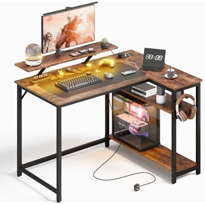 Mondeer L-förmiger Schreibtisch mit LED, 120 x 90 cm Reversibel Gaming Tisch mit 2 Steckdosen und 2 USB Ladeanschluss, Eckschreibtisch mit Regal & Haken, für Home Office Schlafzimmer, Vintage Braun Mondeer L-förmiger Schreibtisch mit LED, 120 x 90 cm Reversibel Gaming Tisch mit 2 Steckdosen und 2 USB Ladeanschluss, Eckschreibtisch mit Regal & Haken, für Home Office Schlafzimmer, Vintage Braun