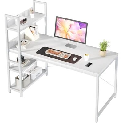 Sweetcrispy Schreibtisch mit Seitlichem Regal & Verstellbaren Füßen, 120 cm breiter Bürotisch, Starker Computertisch mit Ablagefläche, Einfacher Montage, Weiß Sweetcrispy Schreibtisch mit Seitlichem Regal & Verstellbaren Füßen, 120 cm breiter Bürotisch, Starker Computertisch mit Ablagefläche, Einfacher Montage, Weiß