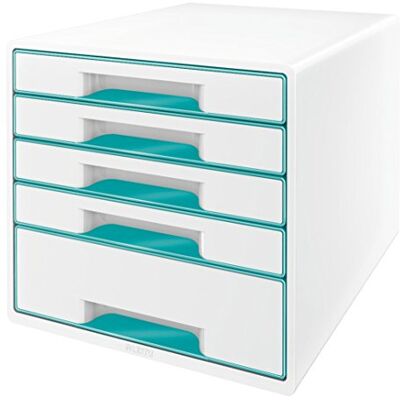Leitz CUBE Schubladenbox mit 5 Schubladen, Weiß/Eisblau, A4, Inkl. transparentem Schubladeneinsatz, WOW, 52142051 Leitz CUBE Schubladenbox mit 5 Schubladen, Weiß/Eisblau, A4, Inkl. transparentem Schubladeneinsatz, WOW, 52142051
