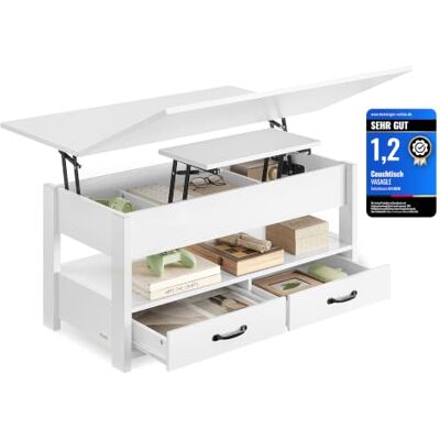 VASAGLE Couchtisch, höhenverstellbarer Wohnzimmertisch, Gaszylinder, 2 Schubladen und 3 Fächer unter der Tischplatte, Kaffeetisch, 1 offenes Fach, für Wohnzimmer, Homeoffice, schneeweiß LCT254W02 VASAGLE Couchtisch, höhenverstellbarer Wohnzimmertisch, Gaszylinder, 2 Schubladen und 3 Fächer unter der Tischplatte, Kaffeetisch, 1 offenes Fach, für Wohnzimmer, Homeoffice, schneeweiß LCT254W02