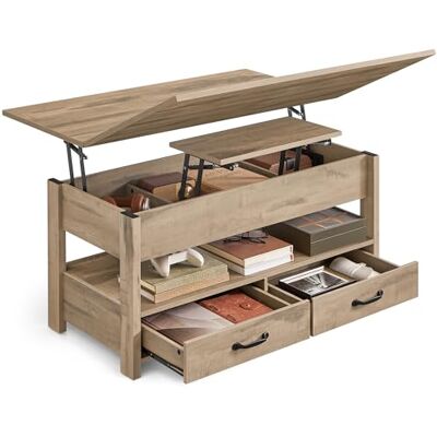 VASAGLE Couchtisch, höhenverstellbarer Wohnzimmertisch, Gaszylinder, 2 Schubladen und 3 versteckte Fächer, Kaffeetisch, 1 offenes Fach, für Wohnzimmer, Homeoffice, Kamelbraun LCT254L01 VASAGLE Couchtisch, höhenverstellbarer Wohnzimmertisch, Gaszylinder, 2 Schubladen und 3 versteckte Fächer, Kaffeetisch, 1 offenes Fach, für Wohnzimmer, Homeoffice, Kamelbraun LCT254L01
