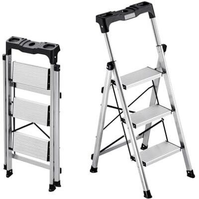VEVOR Trittleiter 3 Stufen, Klappleiter mit Anti-Rutsch-Stufen & Komfortablem Handgriff, Haushaltsleiter Tragkraft 150 kg, Aluminium-Stehleiter, Sicherheitsleiter für Küche, Lager, Haushalt & Büro VEVOR Trittleiter 3 Stufen, Klappleiter mit Anti-Rutsch-Stufen & Komfortablem Handgriff, Haushaltsleiter Tragkraft 150 kg, Aluminium-Stehleiter, Sicherheitsleiter für Küche, Lager, Haushalt & Büro