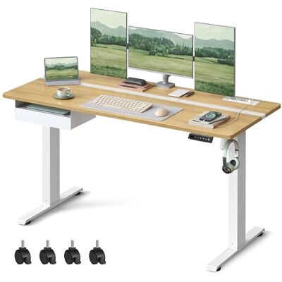 VASAGLE Höhenverstellbarer Schreibtisch elektrisch, 140 x 60 cm Tischoberfläche, Memory-Funktion mit 4 Höhen, mit Steckdosen und Stoffschubla, golichenfarben-wolkenweiß LSD114N01 VASAGLE Höhenverstellbarer Schreibtisch elektrisch, 140 x 60 cm Tischoberfläche, Memory-Funktion mit 4 Höhen, mit Steckdosen und Stoffschubla, golichenfarben-wolkenweiß LSD114N01