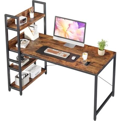 Sweetcrispy Schreibtisch mit Seitlichem Regal & Verstellbaren Füßen, 120 cm breiter Bürotisch, Starker Computertisch mit Ablagefläche, Einfacher Montage, vintagebraun Sweetcrispy Schreibtisch mit Seitlichem Regal & Verstellbaren Füßen, 120 cm breiter Bürotisch, Starker Computertisch mit Ablagefläche, Einfacher Montage, vintagebraun