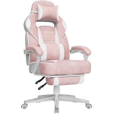 SONGMICS Gaming-Stuhl, Bürostuhl mit Fußstütze, Schreibtischstuhl mit Kopfstütze und Lendenkissen, höhenverstellbar, ergonomisch, bis 150 kg belastbar, pastellrosa OBG073P01 SONGMICS Gaming-Stuhl, Bürostuhl mit Fußstütze, Schreibtischstuhl mit Kopfstütze und Lendenkissen, höhenverstellbar, ergonomisch, bis 150 kg belastbar, pastellrosa OBG073P01