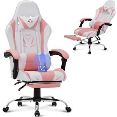 COLAMY Gaming Stuhl, Computer Stuhl mit Fußstütze und Lendenwirbelstütze, höhenverstellbarer Gaming Chair mit 360°-Drehsitz und Kopfstütze, Video Gamer PC Stuhl, Ergonomische hohe Rückenlehne, Rosa COLAMY Gaming Stuhl, Computer Stuhl mit Fußstütze und Lendenwirbelstütze, höhenverstellbarer Gaming Chair mit 360°-Drehsitz und Kopfstütze, Video Gamer PC Stuhl, Ergonomische hohe Rückenlehne, Rosa
