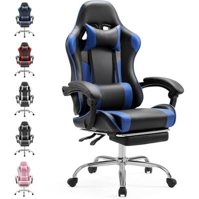 Sweetcrispy Gaming Stuhl,Ergonomischer Bürostuhl mit Fußstütze,Gamer PC Stühle mit Kopfstütze Lendenkissen,90-150° einstellbar Gaming Chair,Leder Drehbar Schreibtischstuhl Computerstuhl,Blau Sweetcrispy Gaming Stuhl,Ergonomischer Bürostuhl mit Fußstütze,Gamer PC Stühle mit Kopfstütze Lendenkissen,90-150° einstellbar Gaming Chair,Leder Drehbar Schreibtischstuhl Computerstuhl,Blau