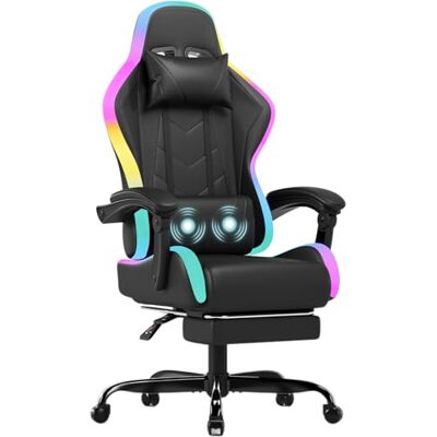 JUMMICO Gaming Stuhl mit led, Cool Racing Gamer Stuhl, Ergonomischer Bürostuhl mit Massagefunktion, Verstellbare Rückenlehne 90-135°, mit Teleskop Fußstütze, Gamingstuhl 150 kg belastbarkeit, Schwarz JUMMICO Gaming Stuhl mit led, Cool Racing Gamer Stuhl, Ergonomischer Bürostuhl mit Massagefunktion, Verstellbare Rückenlehne 90-135°, mit Teleskop Fußstütze, Gamingstuhl 150 kg belastbarkeit, Schwarz