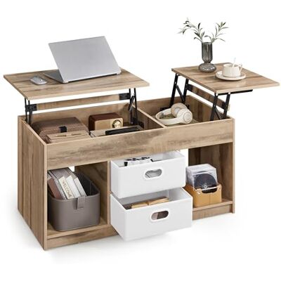 VASAGLE CUSTOS Kollektion Couchtisch, höhenverstellbarer Wohnzimmertisch, 2 Schubladen und versteckte Fächer, Kaffeetisch, offene Fächer, für Wohnzimmer, Homeoffice, kamelbraun-wolkenweiß LCT210L01 VASAGLE CUSTOS Kollektion Couchtisch, höhenverstellbarer Wohnzimmertisch, 2 Schubladen und versteckte Fächer, Kaffeetisch, offene Fächer, für Wohnzimmer, Homeoffice, kamelbraun-wolkenweiß LCT210L01
