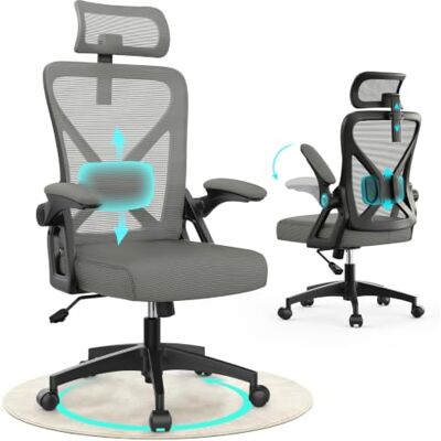 YONISEE Bürostuhl, ergonomischer Schreibtischstuhl mit gepolsterter Lendenwirbelstütze und hochklappbaren Armlehnen – Computerstuhl mit hoher Rückenlehne, verstellbarer Kopfstütze und bequemem Sitzkissen YONISEE Bürostuhl, ergonomischer Schreibtischstuhl mit gepolsterter Lendenwirbelstütze und hochklappbaren Armlehnen – Computerstuhl mit hoher Rückenlehne, verstellbarer Kopfstütze und bequemem Sitzkissen