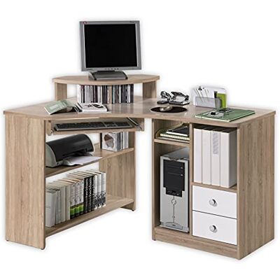Stella Trading TANGA Eckschreibtisch mit Tastaturauszug & Aufsatz in Eiche Sonoma Optik, Weiß Kompakter Bürotisch Computertisch mit Ablagefächern 135 x 94 x 95 cm (B/H/T) Stella Trading TANGA Eckschreibtisch mit Tastaturauszug & Aufsatz in Eiche Sonoma Optik, Weiß Kompakter Bürotisch Computertisch mit Ablagefächern 135 x 94 x 95 cm (B/H/T)