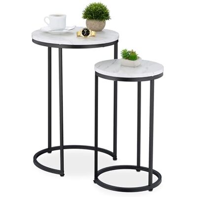 Relaxdays Satztisch, 2er Set, 2 Größen, Marmoroptik, Metall, runde Beistelltische, Wohnzimmer Couchtisch, weiß/schwarz Relaxdays Satztisch, 2er Set, 2 Größen, Marmoroptik, Metall, runde Beistelltische, Wohnzimmer Couchtisch, weiß/schwarz